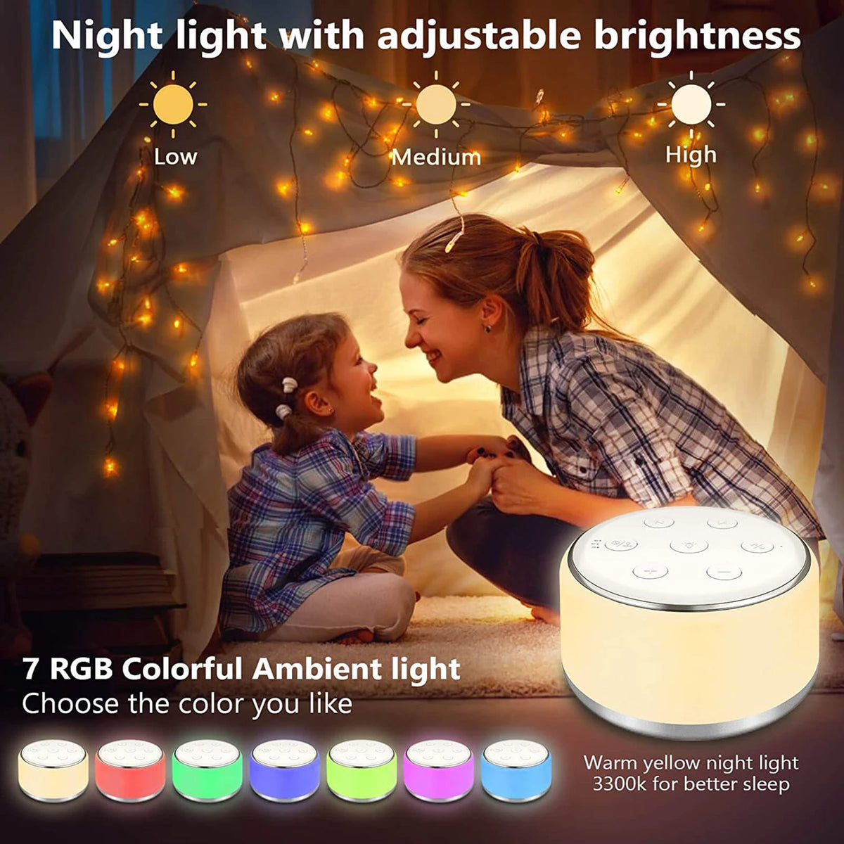 White Noise Machine – 7-Color Night Light with 34 Sleep Sounds