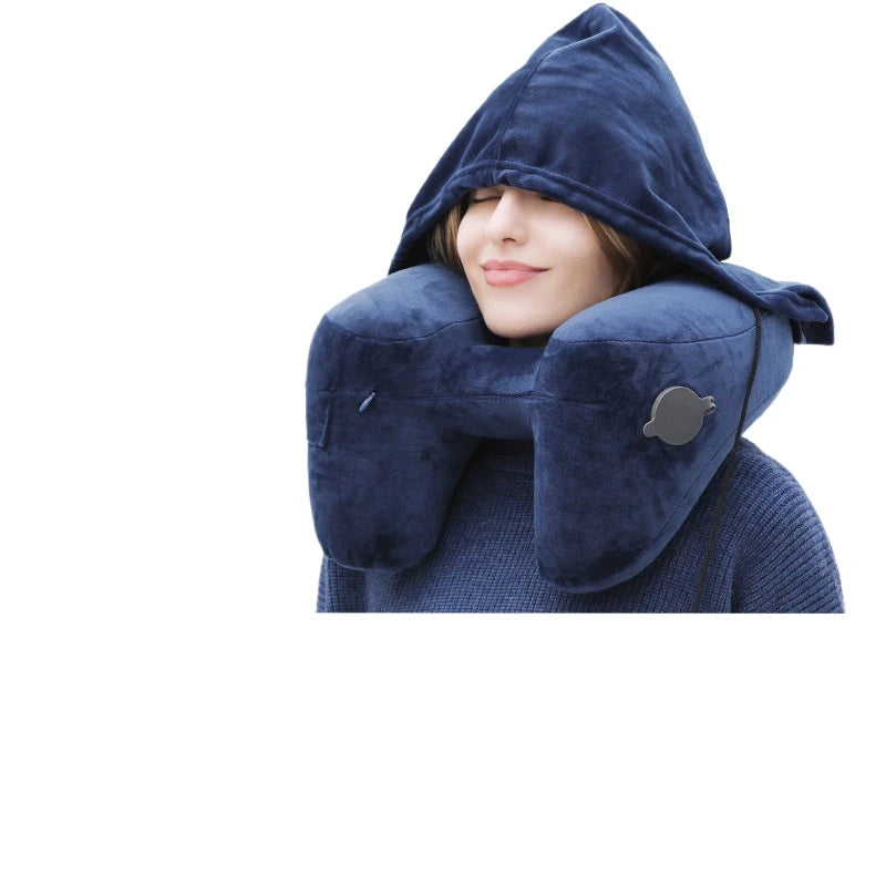 Inflatable Travel Pillow – Hooded Neck Support for Airplane & Car