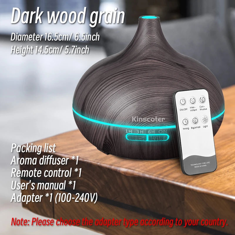 500ml Ultrasonic Aroma Diffuser – Wood Grain Humidifier with Remote & 7 LED Colors