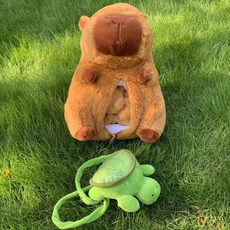 Capybara Plush Toy Set – Mommy with 4 Baby Capybaras & Turtle Backpack