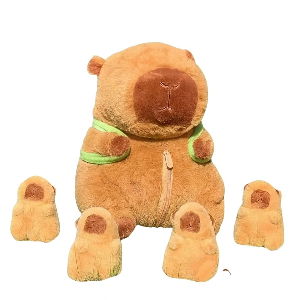 Capybara Plush Toy Set – Mommy with 4 Baby Capybaras & Turtle Backpack