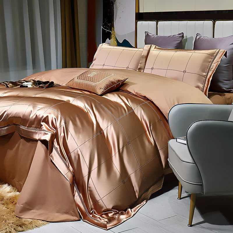 High End Mulberry S i l k Jacquard Bedding Set4-piece Duvet Cover Set 200*230CM 220*240CM Flat Sheet Bedding