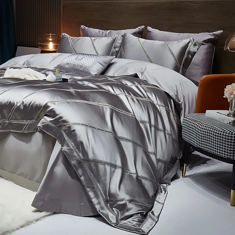 High End Mulberry S i l k Jacquard Bedding Set4-piece Duvet Cover Set 200*230CM 220*240CM Flat Sheet Bedding
