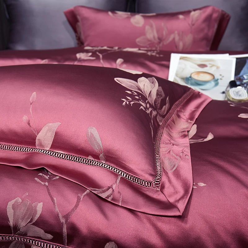 High End Mulberry S i l k Jacquard Bedding Set4-piece Duvet Cover Set 200*230CM 220*240CM Flat Sheet Bedding