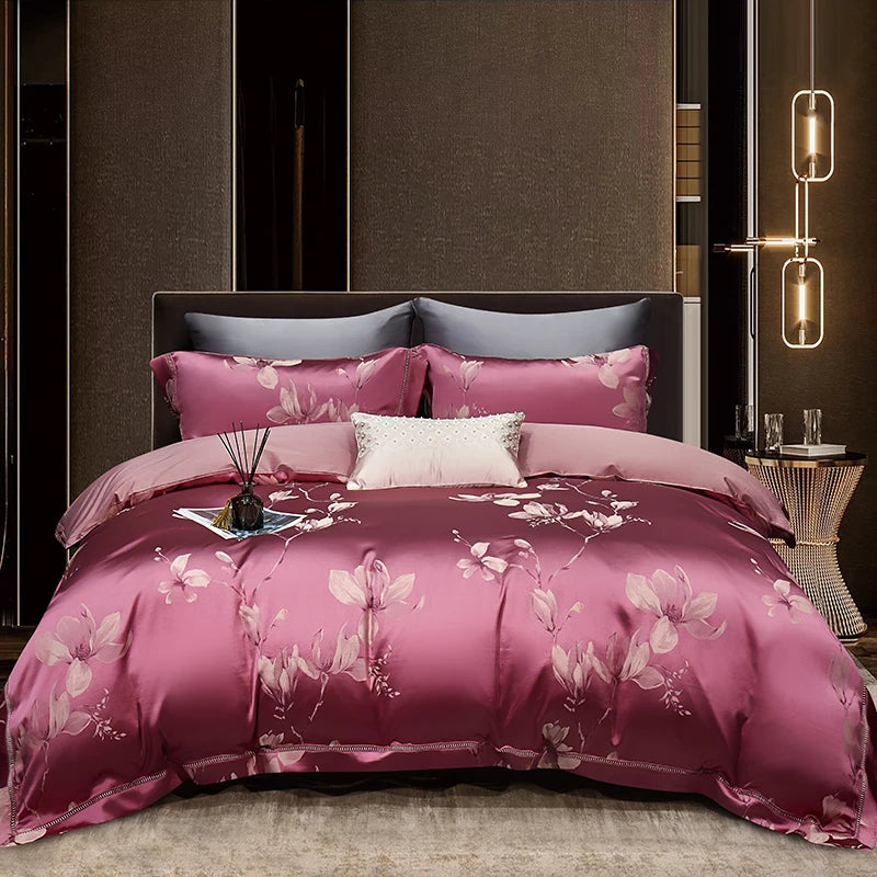 High End Mulberry S i l k Jacquard Bedding Set4-piece Duvet Cover Set 200*230CM 220*240CM Flat Sheet Bedding