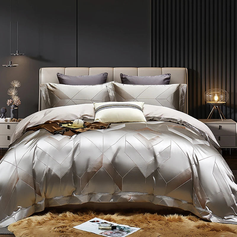 High End Mulberry S i l k Jacquard Bedding Set4-piece Duvet Cover Set 200*230CM 220*240CM Flat Sheet Bedding