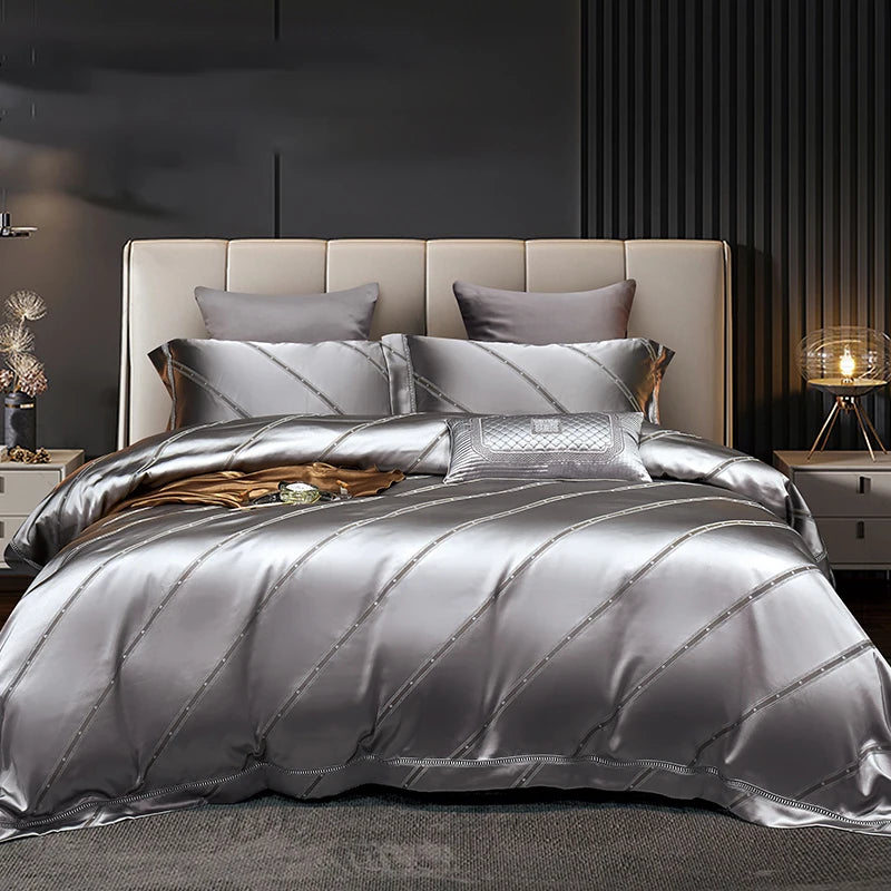 High End Mulberry S i l k Jacquard Bedding Set4-piece Duvet Cover Set 200*230CM 220*240CM Flat Sheet Bedding