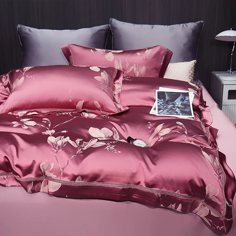 High End Mulberry S i l k Jacquard Bedding Set4-piece Duvet Cover Set 200*230CM 220*240CM Flat Sheet Bedding
