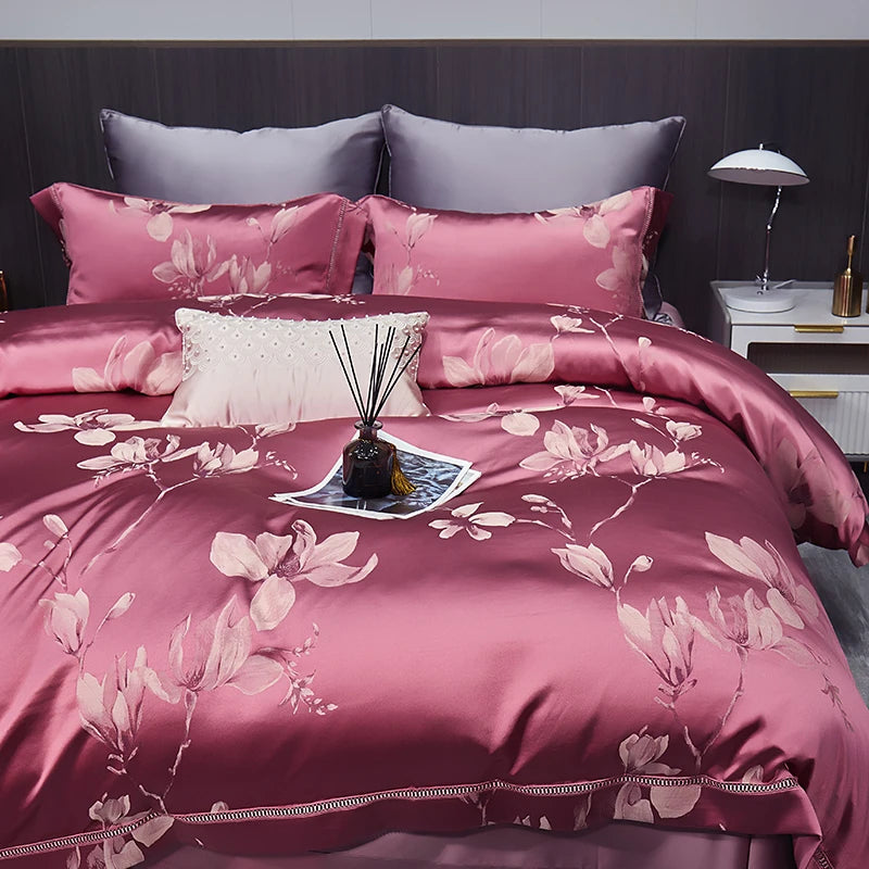 High End Mulberry S i l k Jacquard Bedding Set4-piece Duvet Cover Set 200*230CM 220*240CM Flat Sheet Bedding