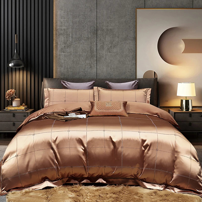 High End Mulberry S i l k Jacquard Bedding Set4-piece Duvet Cover Set 200*230CM 220*240CM Flat Sheet Bedding