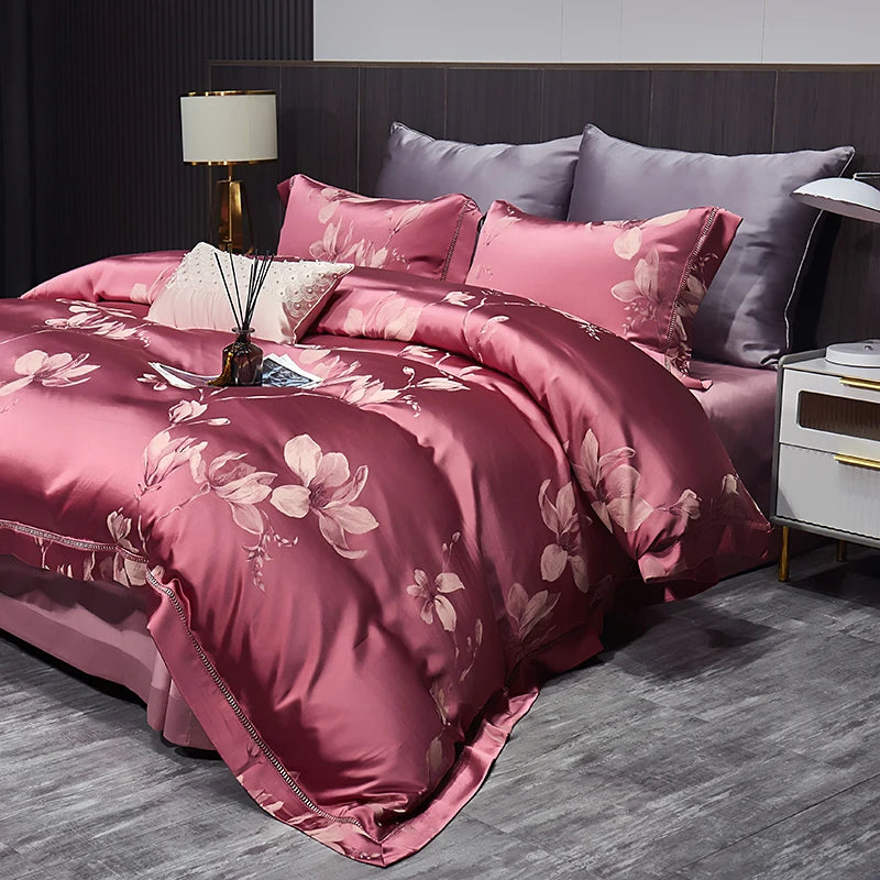 High End Mulberry S i l k Jacquard Bedding Set4-piece Duvet Cover Set 200*230CM 220*240CM Flat Sheet Bedding