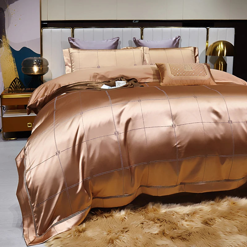 High End Mulberry S i l k Jacquard Bedding Set4-piece Duvet Cover Set 200*230CM 220*240CM Flat Sheet Bedding